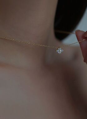 日系S925纯银镀14K金镶锆石项链女 闪钻小众轻奢百搭四叶草锁骨链