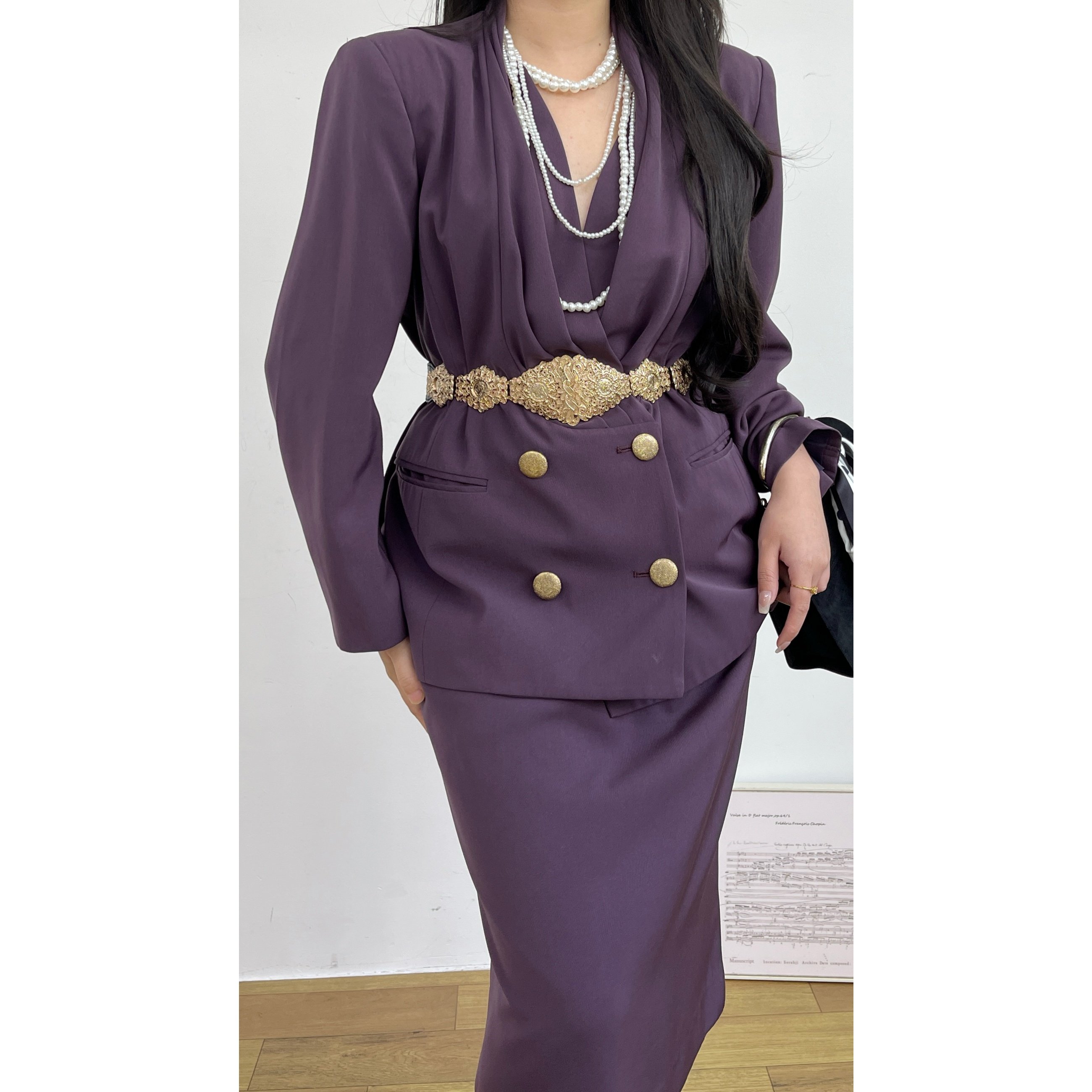 vintage古着昭和复古涤纶紫色褶皱金色双排扣分体两件套装套裙女,淘宝优惠券,粉丝福利购,淘宝优惠卷
