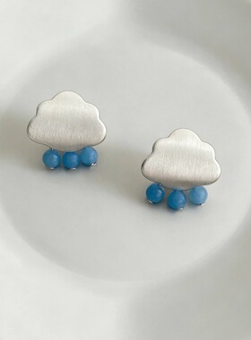 小众冷淡风磨砂银云朵雨滴耳钉