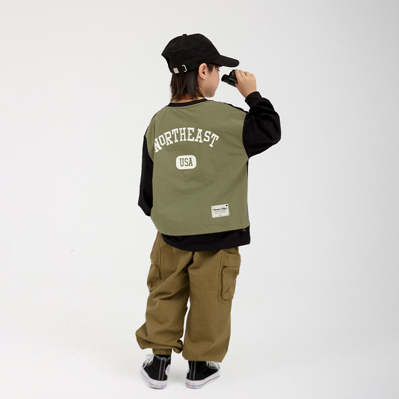 日系拼布假两件户外山系风口袋长袖T恤卫衣 男童秋季圆领拼色上衣,淘宝优惠券,粉丝福利购,淘宝优惠卷