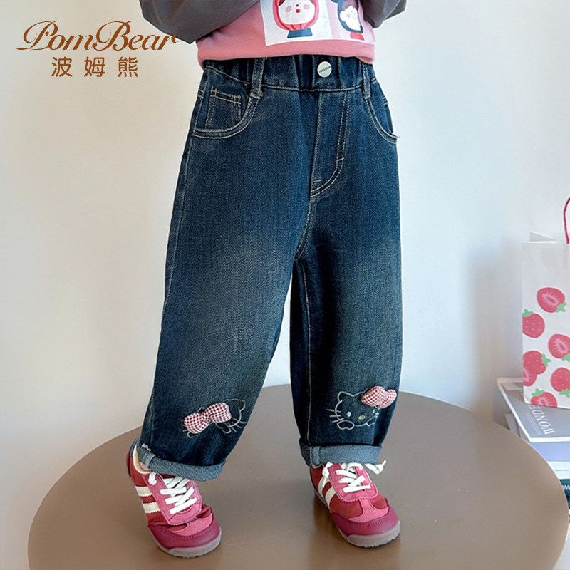 波姆熊女童牛仔裤2025春秋季新款蝴蝶结猫咪绣花牛仔裤女宝宝宽松,淘宝优惠券,粉丝福利购,淘宝优惠卷
