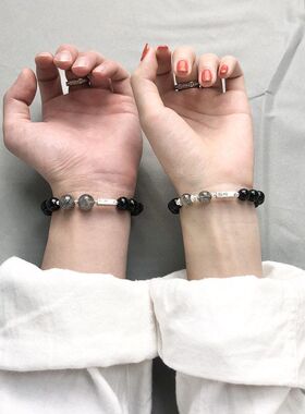 黑曜石情侣手链一对女男士银制