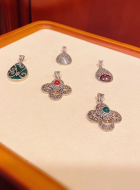 泰银复古绿玛瑙红玛瑙白猫眼吊坠锁骨链925纯银石榴石花朵水滴