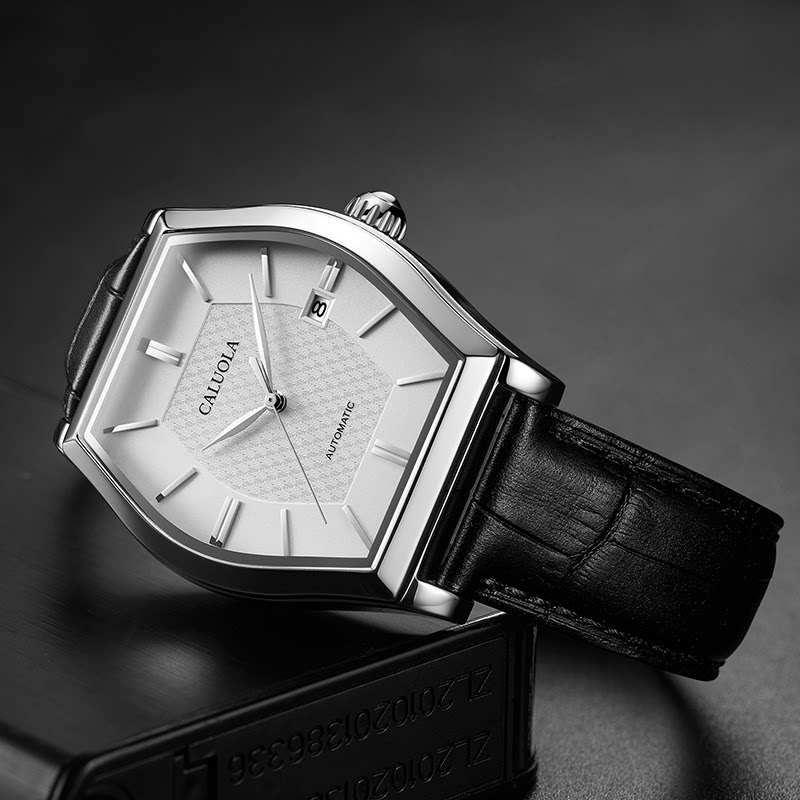 卡罗莱全自动男士酒桶真皮带机械表 caluola贝安加国产腕表