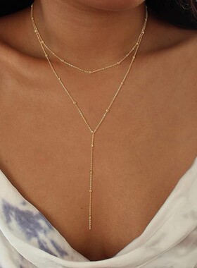 14k包金双链时尚Y型设计流苏项链女个性搭配跨境外贸小众饰品