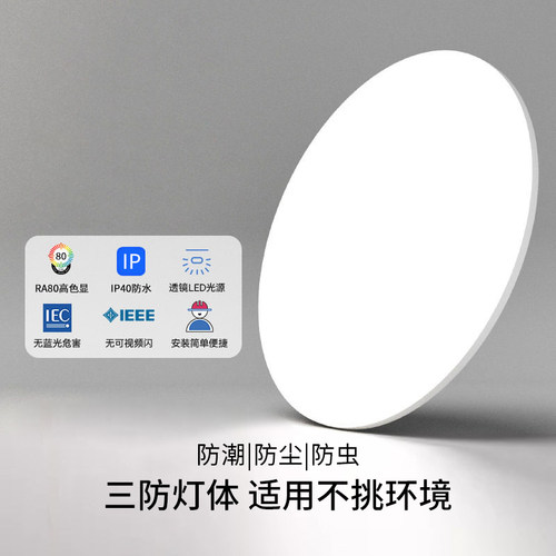 雷士照明LED全白三防吸顶灯玉盘中山灯具护眼简约阳台书房过道灯 - 图3