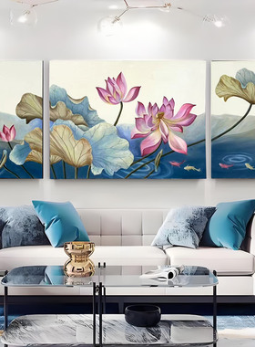 荷花纯手绘油画新中式客厅沙发画