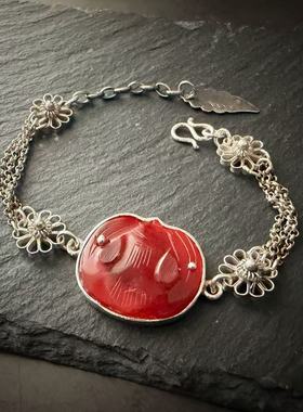 月末魔羯。原创。|鸿福| 老玛瑙大蝙蝠件。老银花。老银链。手链