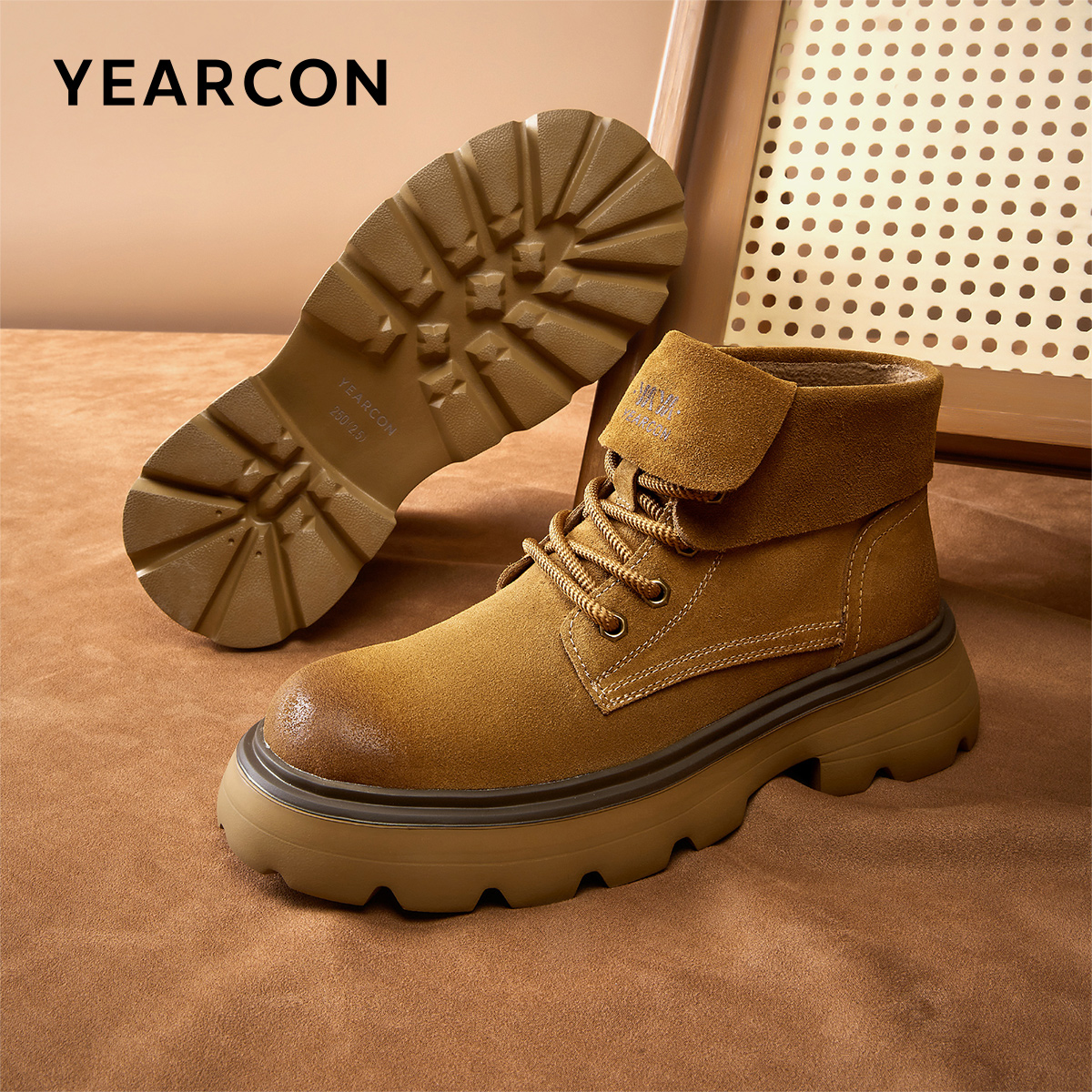 意尔康男鞋秋冬厚底男士复古加绒马丁靴英伦风短靴户外休闲工装靴 - 图1