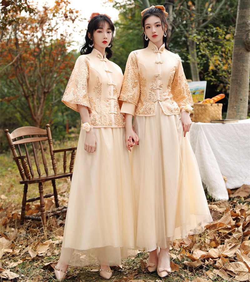 出租赁伴娘服中式中国风大气红闺蜜姐妹团大码礼服旗袍长袖裙显瘦