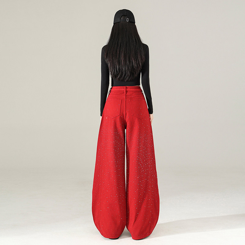 妈个鸡妈MGJM复古新年红满天星烫钻牛仔裤宽松阔腿弯刀裤拖地男女,淘宝优惠券,粉丝福利购,淘宝优惠卷