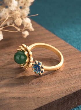 网红直播带货中国风古装旗袍手饰珐琅工艺莲花玉髓玛瑙复古戒指女