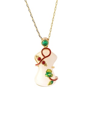 中国风旗袍古法镀金镶仿和田玉旗开得胜吊坠女复古国潮珐琅项链