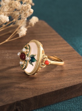 宫廷设计中国风典雅古法金珐琅彩景泰蓝多宝戒指镶嵌白玉南红指环