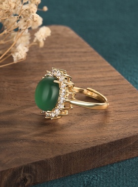 首饰直播货源铜镀24K金镶嵌玉髓戴妃戒指玛瑙指环汉服古装手饰品