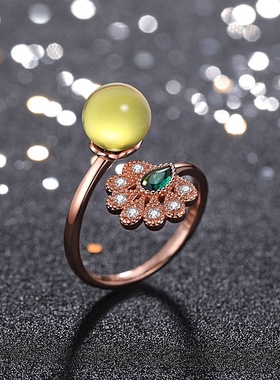 2021夏季新款宫廷风设计二代合成蓝珀孔雀开口可调节指环蜜蜡戒指