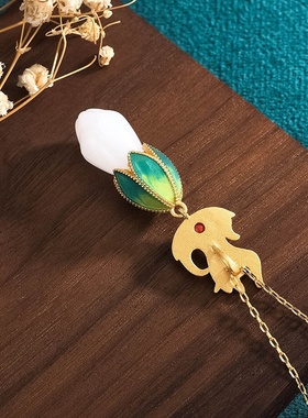 国潮古装汉服配饰珐琅滴釉镀24K金玉兰花祥云和田玉复古挂坠项链