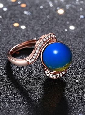 创意设计国潮新品配饰多米尼加合成蓝珀净水无杂质玫瑰金戒指指环