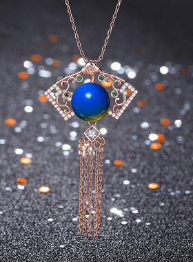 中国风古典旗袍汉服女生项饰镶嵌二代蓝珀琥珀正圆珠扇形流苏项链