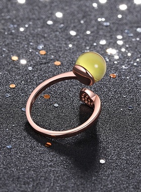 网红珠宝墨西哥3a合成净水级蓝珀叶子玫瑰金戒指琥珀指环