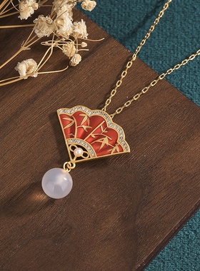 东方古典中国风珐琅彩扇形镶嵌天然玉髓玛瑙锁骨项链小仙女配饰