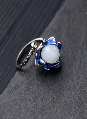 艾尔缘国潮风复古做旧珐琅滴釉莲蓬设计感小众仿和田玉玉石戒指