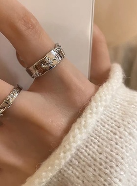 银色素圈锆石开口戒指女小众设计冷淡风情侣指环时尚个性食指戒潮