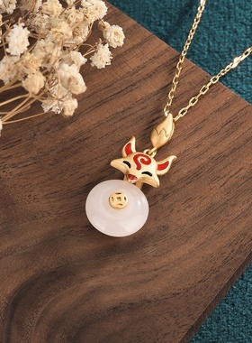 中国风古装汉服项饰冷珐琅工艺小狐狸平安扣复古仿和田玉项链女