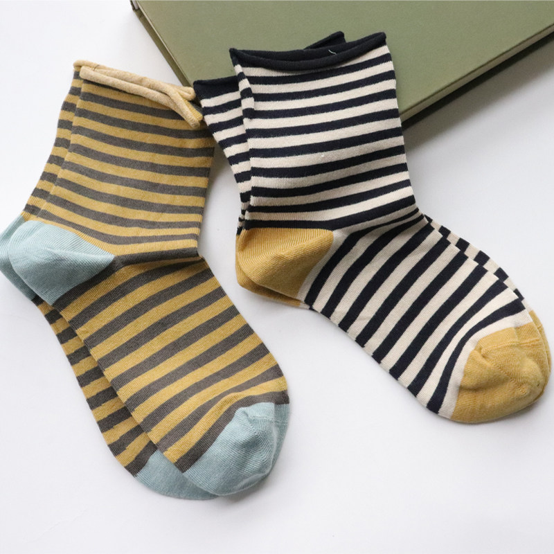 条纹绢丝卷边短袜ins日系百搭学院风中筒袜撞色桑蚕丝春夏堆堆袜,淘宝优惠券,粉丝福利购,淘宝优惠卷