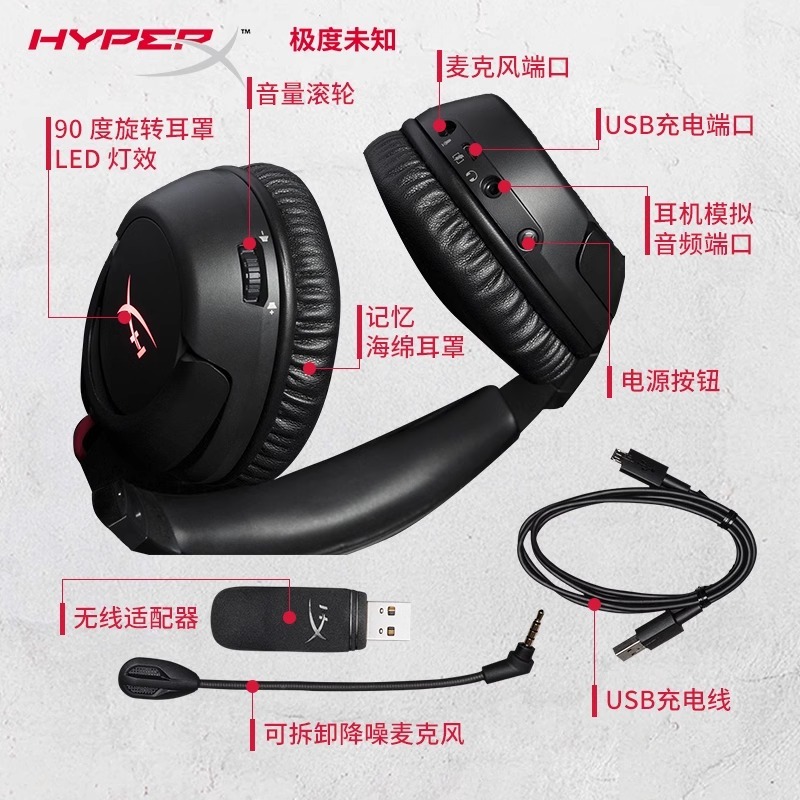 新品HyperX极度未知 毒刺2 无线游戏耳机头戴式电竞DTS 电脑USB耳 - 图2