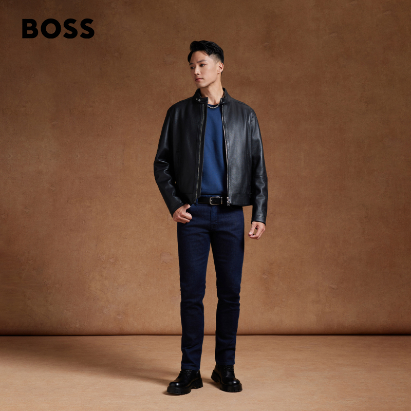 【机车风羊皮】BOSS男士立领双拉链复古风皮夹克