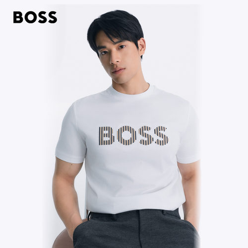 【七夕礼物】BOSS博斯 男士26夏季新款条纹艺术徽标棉质短袖 T 恤 - 图1