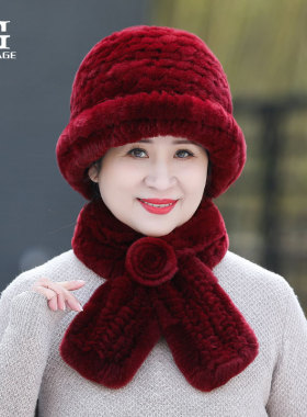中老年女妈妈保暖皮草帽子围巾