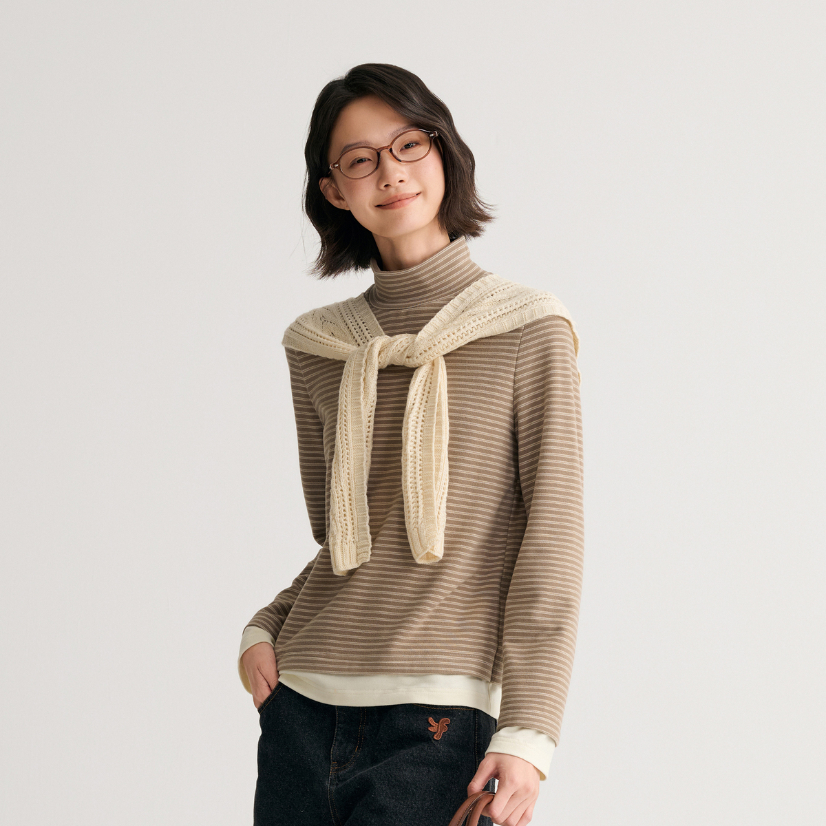飞鸟和新酒假两件针织条纹T恤女2024冬季新款短款休闲高领套头衫