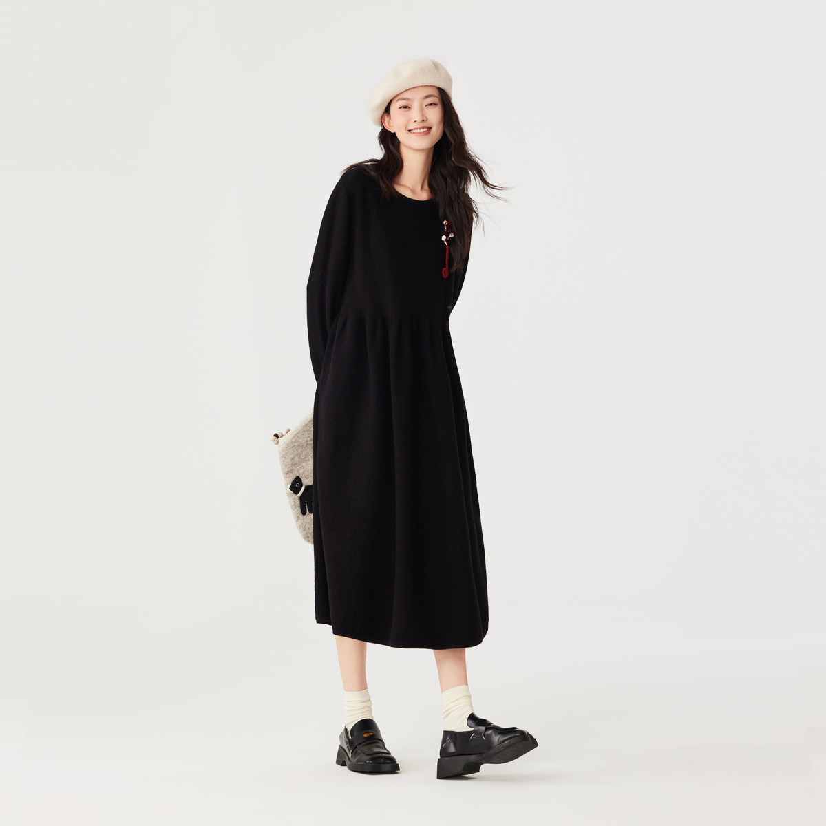 飞鸟和新酒商场同款女装新款中长款宽松毛呢连衣裙FZ470184012