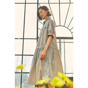 Asuka and New Wine Slim Long Skirt Retro Short-Sleeved Dress Lapel 2024 Summer New Printed Shirt Skirt