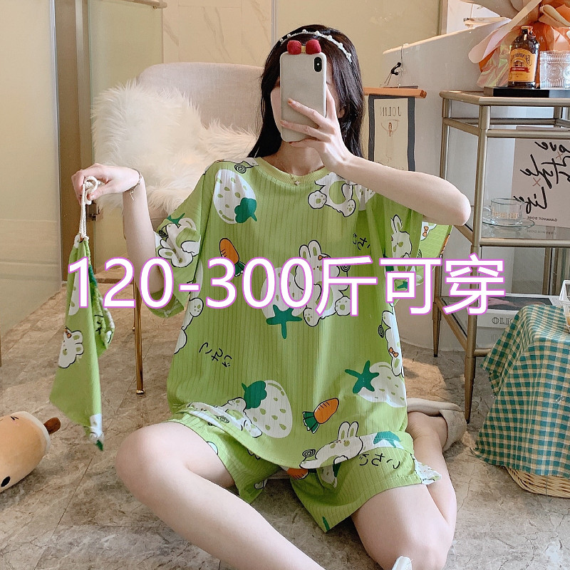 300斤特大码胖MM200斤夏季睡衣女套装加肥加大冰丝短袖短裤家居服 - 图0