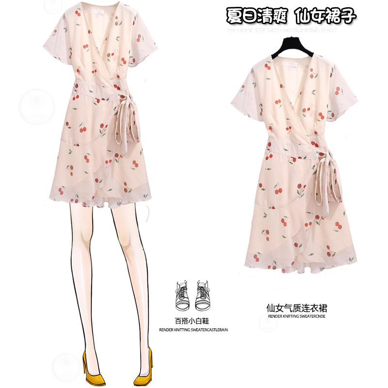 v领雪纺2020新款气质收腰女碎花裙 castlerain城堡雨连衣裙