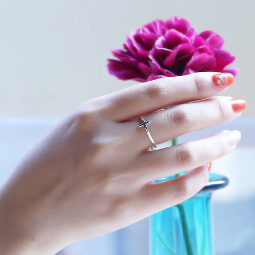 S925纯银学生戒指日韩版简约个性十字架简约开口小清新戒指女尾戒 - 图0