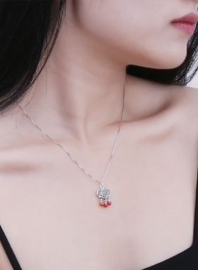 s925纯银长命锁项链石榴石小锁女