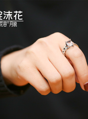 s925银黑色玛瑙戒指泰银锆石尾戒