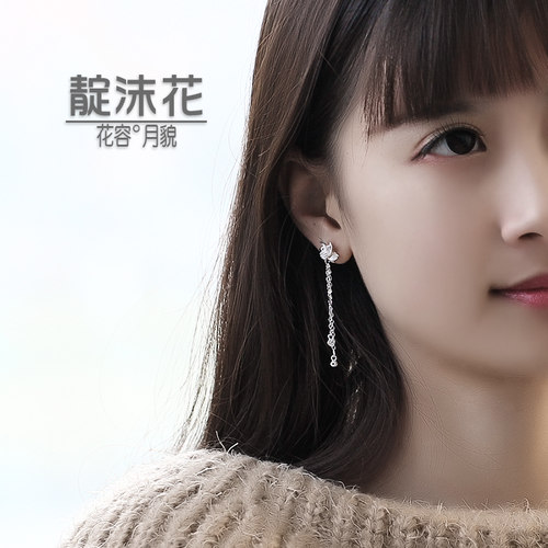 S925纯银风车耳坠长款锆石吊坠耳钉文艺耳环精致花朵耳链耳饰品女 - 图3