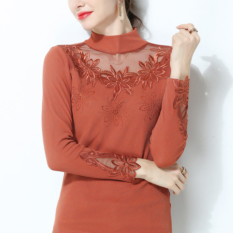 立领蕾丝加绒女半高领网纱百搭内搭 费纳德蕾丝衫/雪纺衫