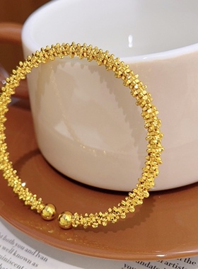 古法沙金亮面波光粼粼碎金子手镯不规则开口细款镯子简约送女友礼