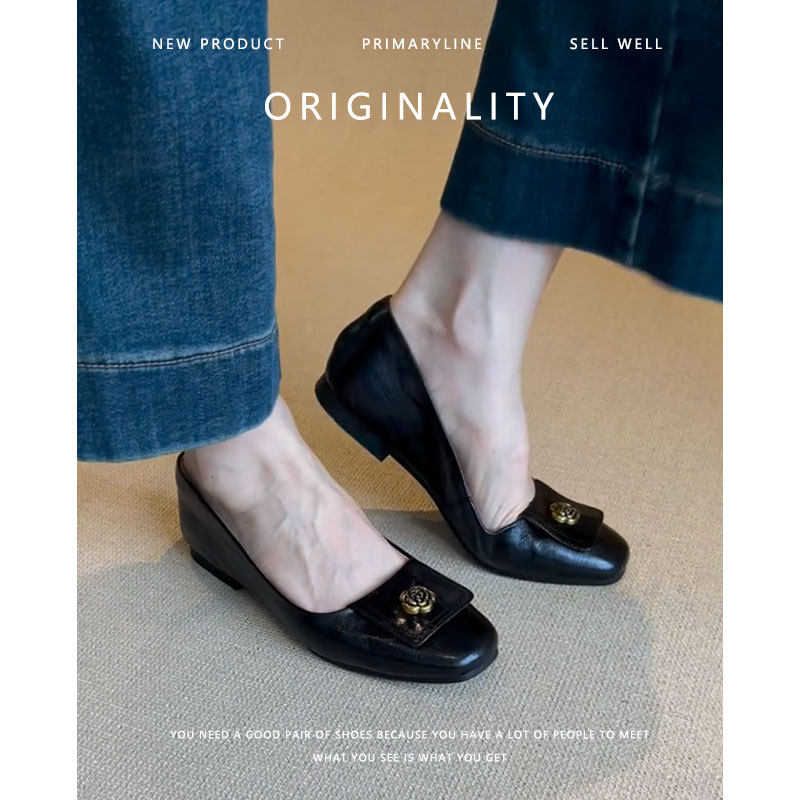 羊皮版~真皮法式单鞋女2024春秋船鞋浅口平底一脚蹬懒人鞋奶奶鞋