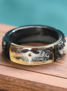 精雕四方兽首手镯天然羊角纯手工雕刻镯女款古风手环送女友礼物