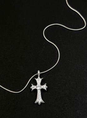 纯银镀白微镶十字架项链