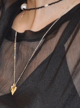 Kimzistudio同款金银撞色爱心项链小众设计复古手工纹理长毛衣链