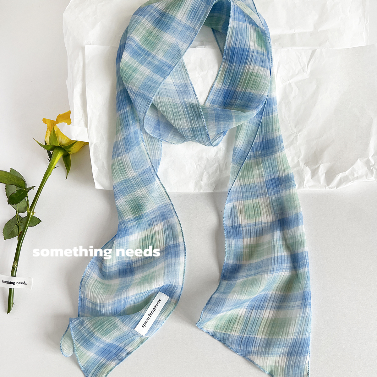 郑佰万 原创 含真丝时髦格纹丝巾女可拆卸小花围巾飘带配饰颈花韩 - 图1