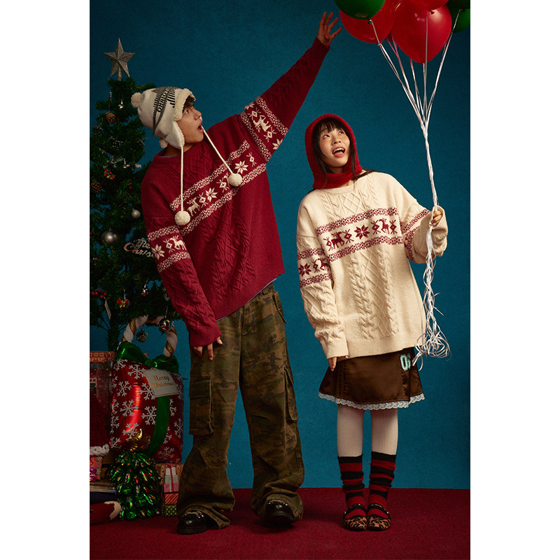 江南先生NewJNXS美式复古红色新年毛衣男女春秋款宽松针织衫外套,淘宝优惠券,粉丝福利购,淘宝优惠卷